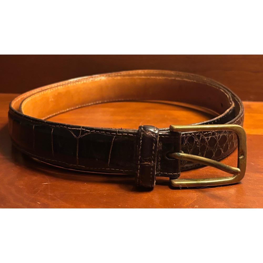 Vintage Brooks Brothers Mens Brown Genuine Alligator Leather Belt Brass USA 36